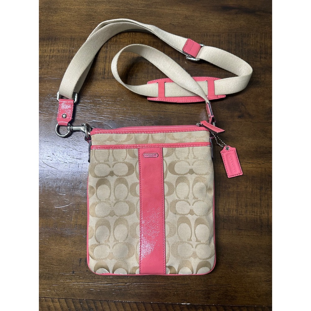 Coach Signature File Bag Khaki Pink Patent Leather Crossbody Handbag F17490